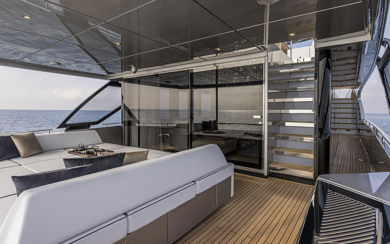 Yacht Brands Riva 90 Argo main deck cockpit sun cushions