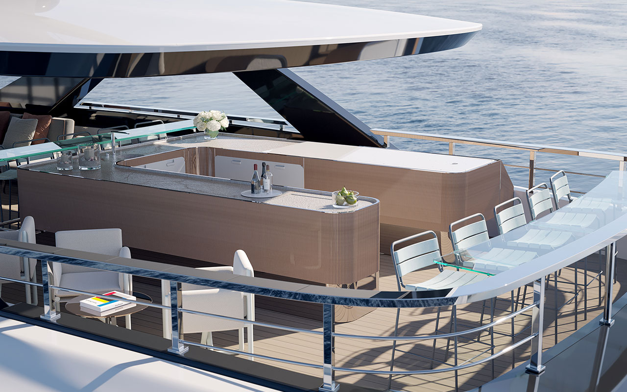 Yacht Brands Custom Line Navetta 50 project sun deck Flybridge bar