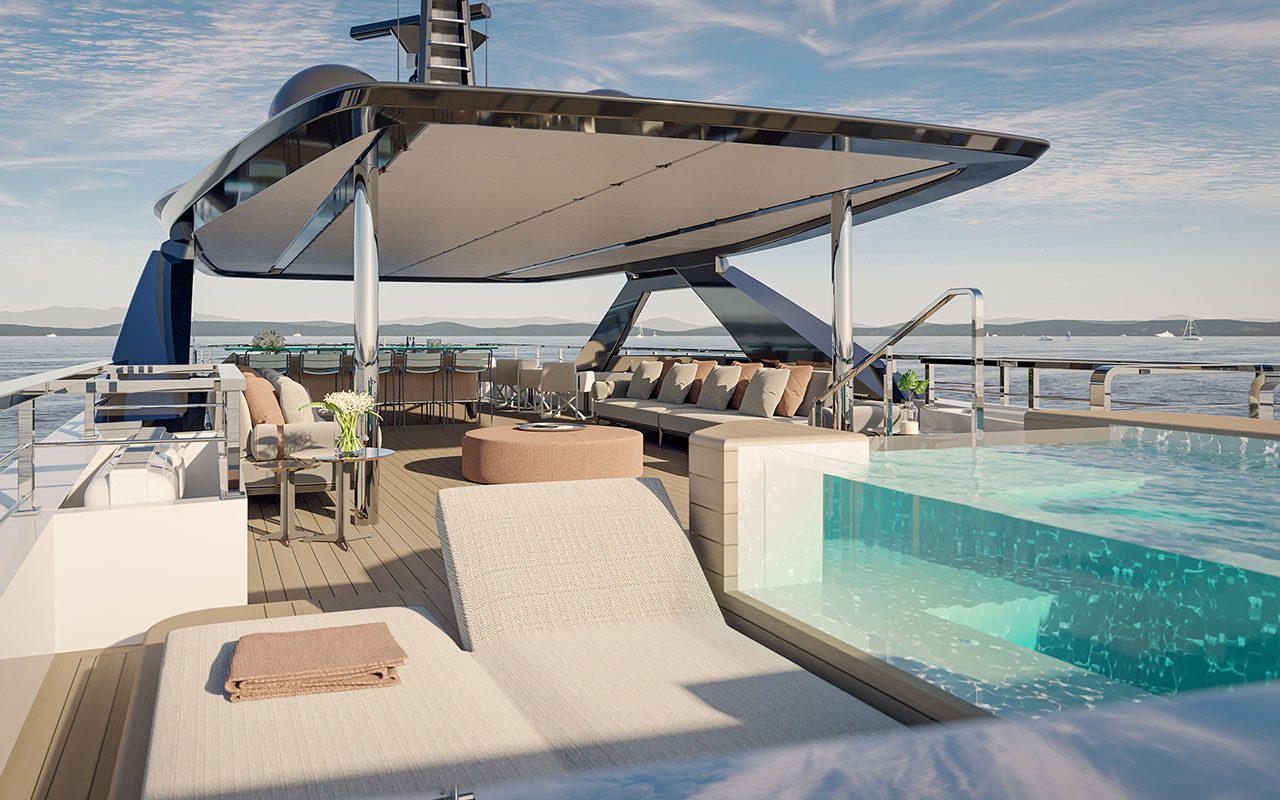 Yacht Brands Custom Line Navetta 50 project sun deck Flybridge pool