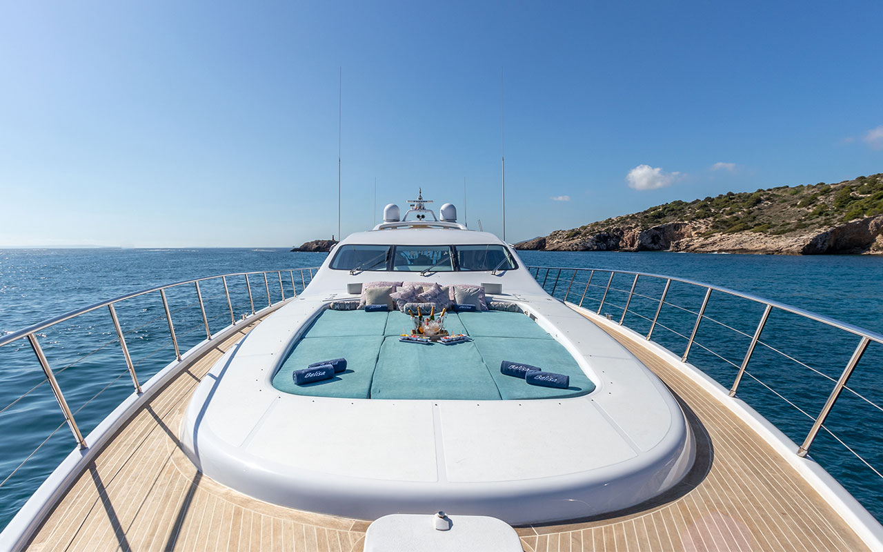 Yacht Charter Ibiza Mangusta 108 bow