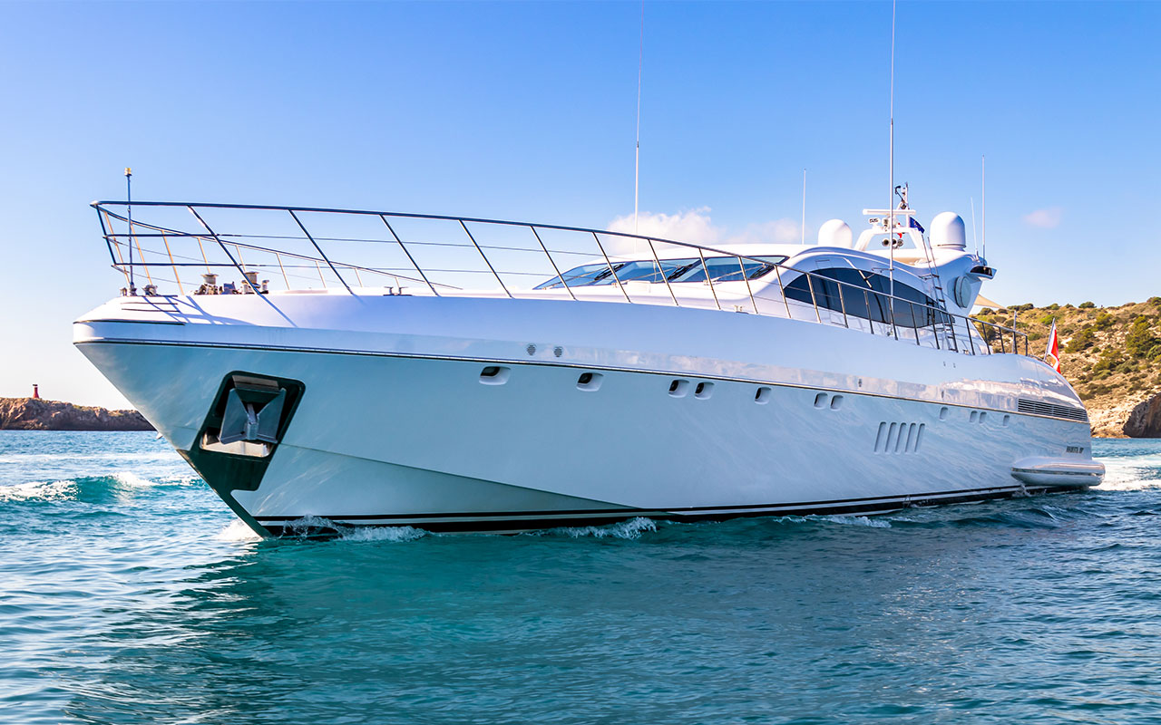 Yacht Charter Ibiza Mangusta 108 exterior